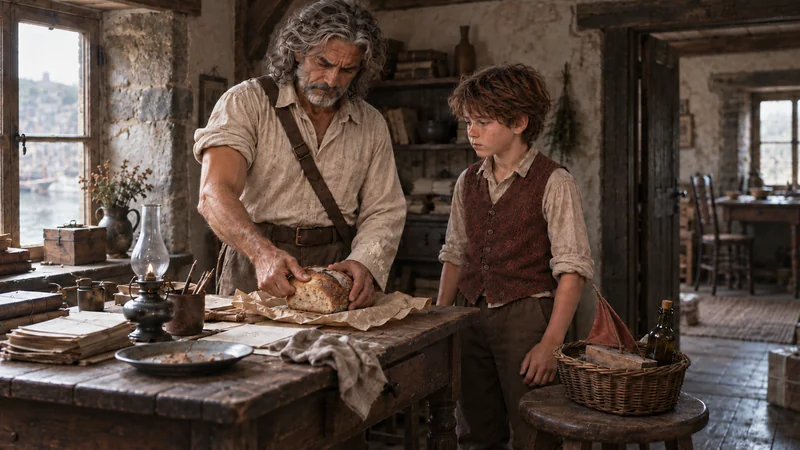 Old Crow cutting bread while Tommy watches
