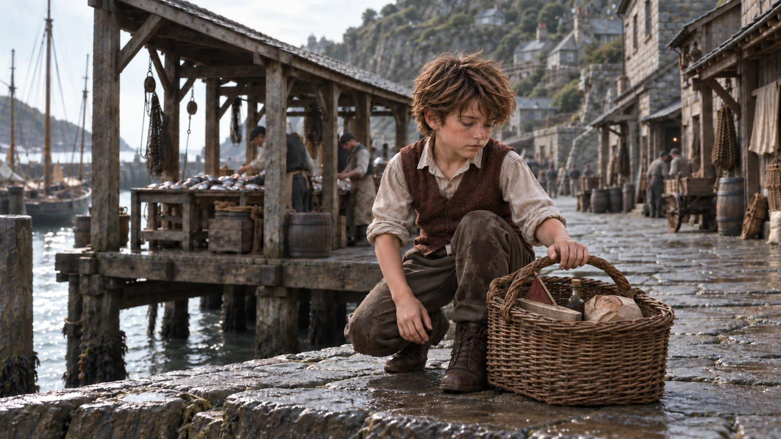 Tommy with his delivery basket beside the waterfront