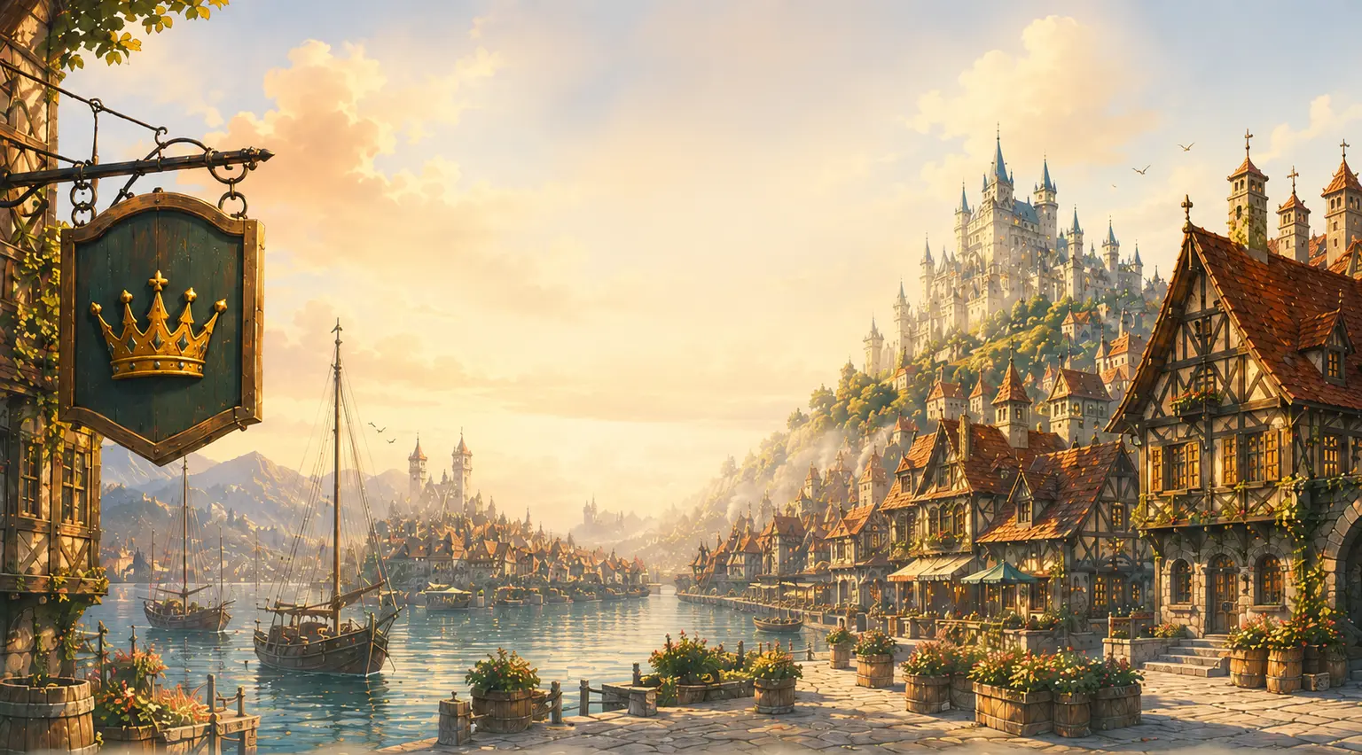 The sunlit harbour of Averhold, with sailing boats, a golden crown sign and the castle rising above the city.