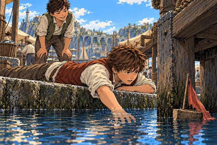 Tommy reaching for his boat, with Kit on the steps above